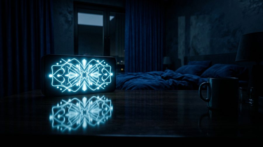 Jam digital menyala biru di meja gelap dengan pantulan sempurna di permukaan meja mengilap