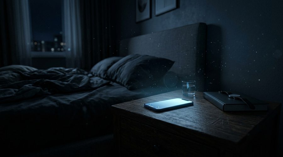 Ponsel di meja sudut kamar gelap dengan layar menyala hangat biru es menyorot sekitarnya